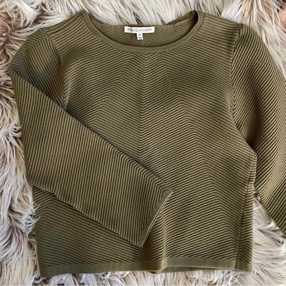 Rebecca Minkoff Olive Green Ribbed Cropped Sweater